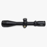 Athlon Midas BTR Gen2 HD 4.5-27x50 riflescope side profile showing 13.8-inch length, exposed turrets, and 30mm tube