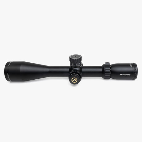 Athlon Midas BTR Gen2 HD 4.5-27x50 riflescope side profile showing 13.8-inch length, exposed turrets, and 30mm tube