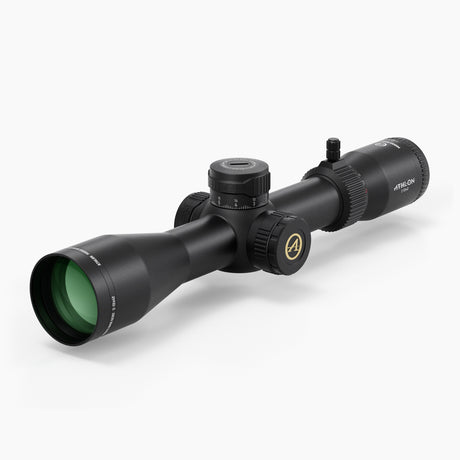 Athlon Midas HMR Gen2 2-12x42 MIL riflescope showing capped turrets and side focus parallax adjustment
