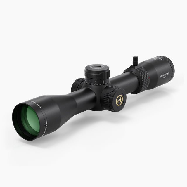 Athlon Midas HMR Gen2 2-12x42 MIL riflescope showing capped turrets and side focus parallax adjustment