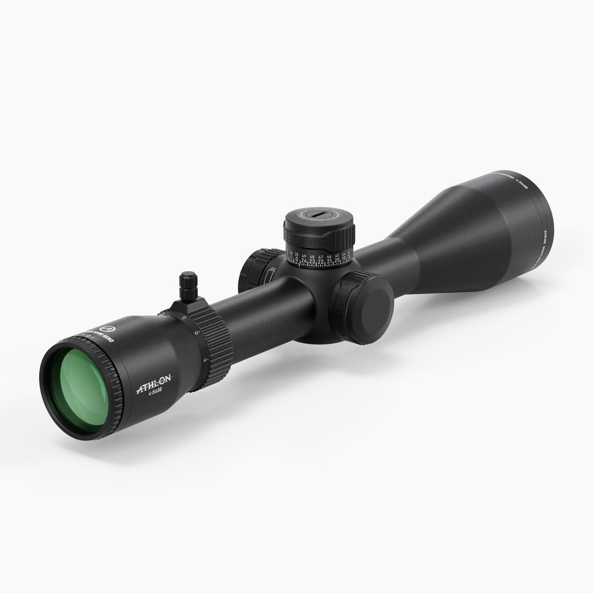 Athlon Midas HMR Gen2 4-24x50 angled view showing 50mm objective lens and magnification ring