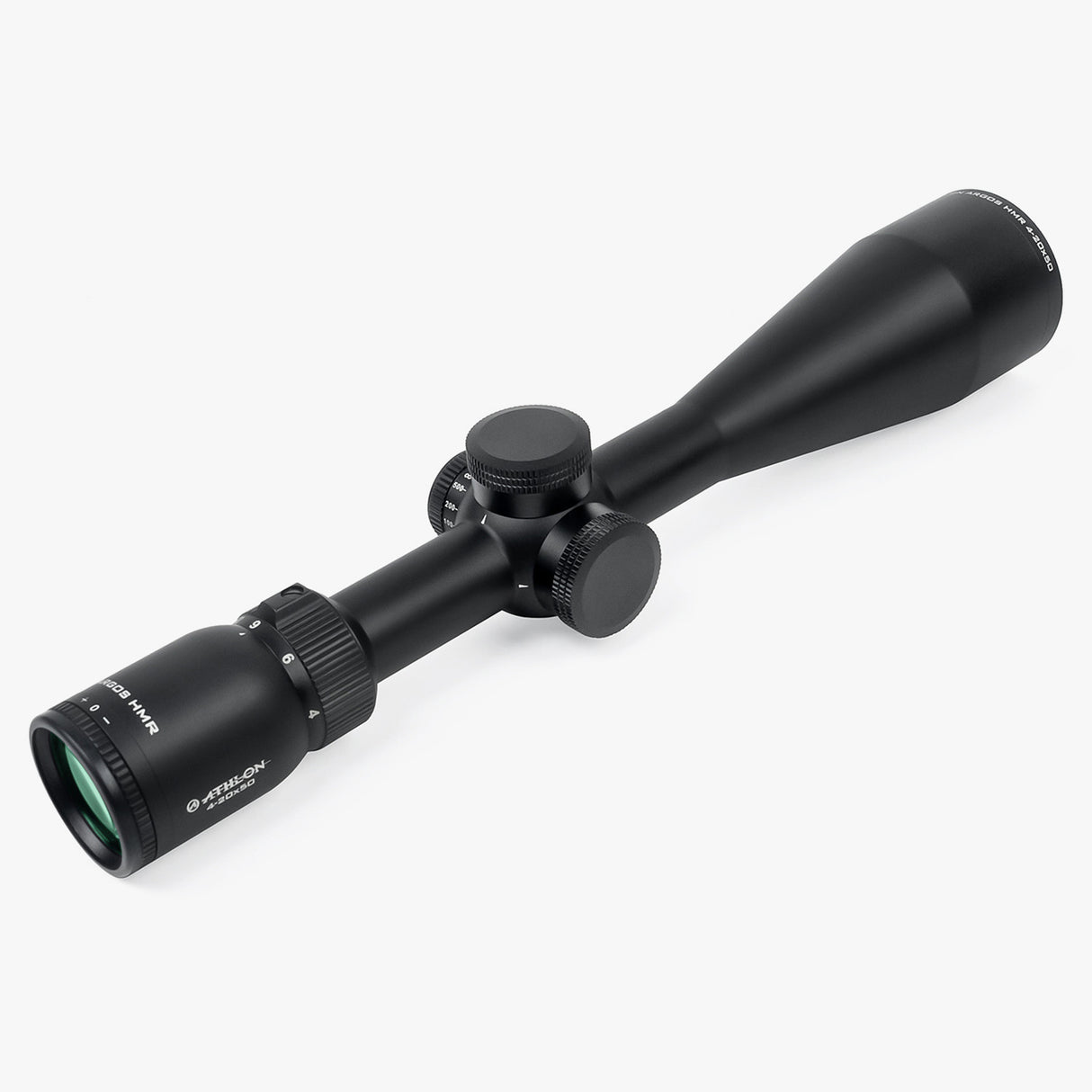Athlon Argos HMR AHMC IR 4-20x50 eyepiece end showing capped turrets and side parallax focus knob