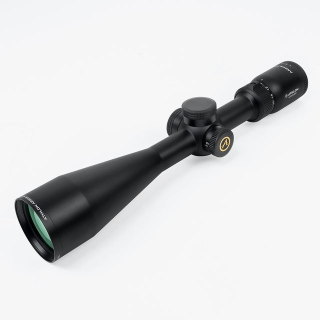 Athlon Argos HMR AHMC IR 4-20x50 riflescope three-quarter view showing matte black body and 50mm objective