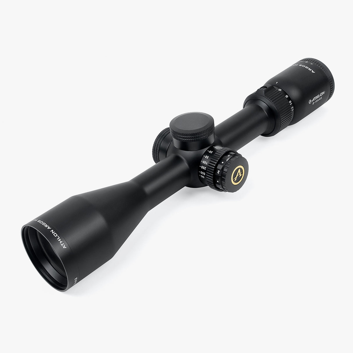 Athlon Argos HMR BDC 600 2-12x42 riflescope three-quarter view showing matte black body and objective bell