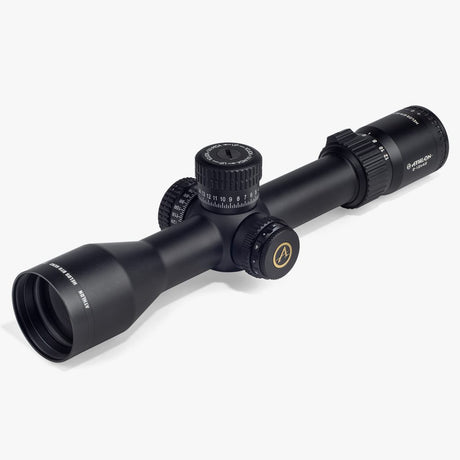 Athlon Optics Helos BTR GEN2 2-12x42 AHMR2 MOA riflescope front three-quarter view showing 30mm tube, exposed locking turrets, and 42mm objective bell