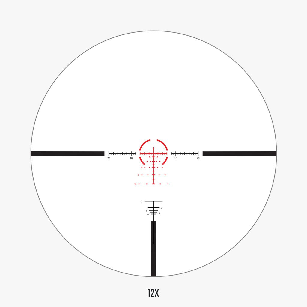 AHMR2 FFP IR MOA reticle view at 12x magnification showing detailed MOA hash marks, holdover dots, and ranging reticle