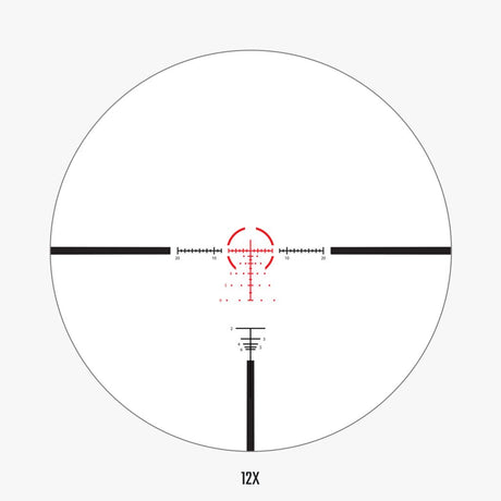 AHMR2 FFP IR MOA reticle view at 12x magnification showing detailed MOA hash marks, holdover dots, and ranging reticle