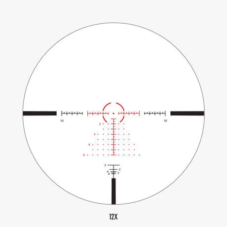 AHMR2 FFP IR MIL reticle view at 12x magnification showing detailed MIL hash marks, holdover dots, and ranging reticle