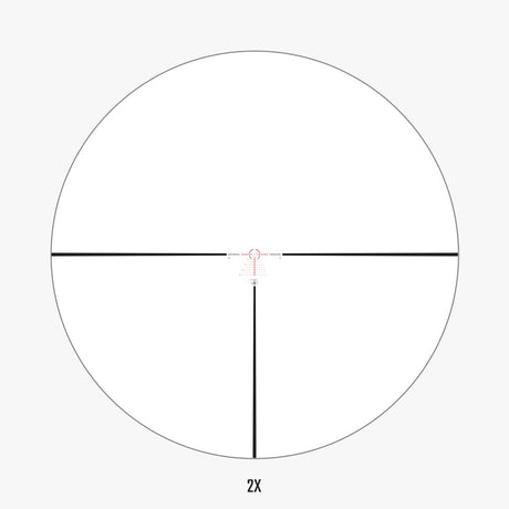 AHMR2 FFP IR MIL reticle view at 2x magnification showing illuminated center circle and dot for fast target acquisition