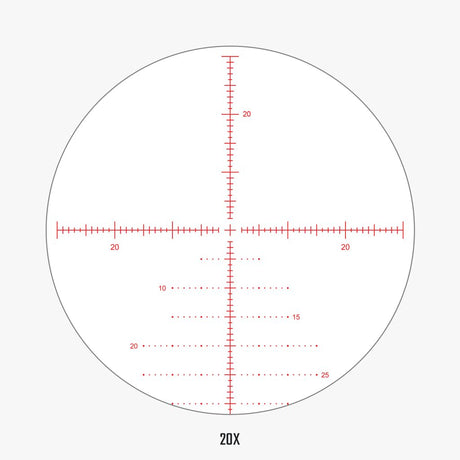 APLR6 FFP IR MOA reticle view at 20x magnification showing detailed MOA hash marks and wind hold dots
