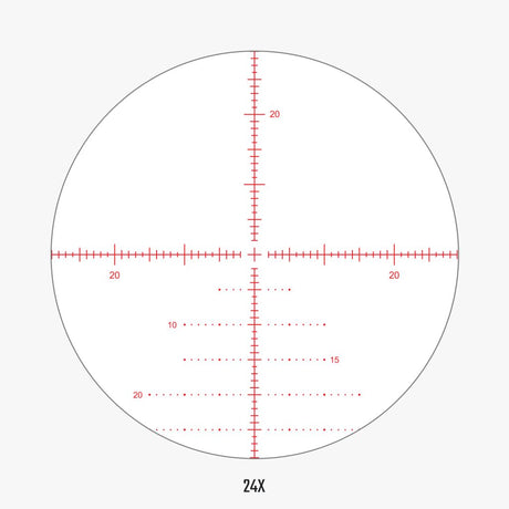 APLR6 FFP IR MOA reticle view at 24x magnification showing detailed MOA hash marks and wind hold dots