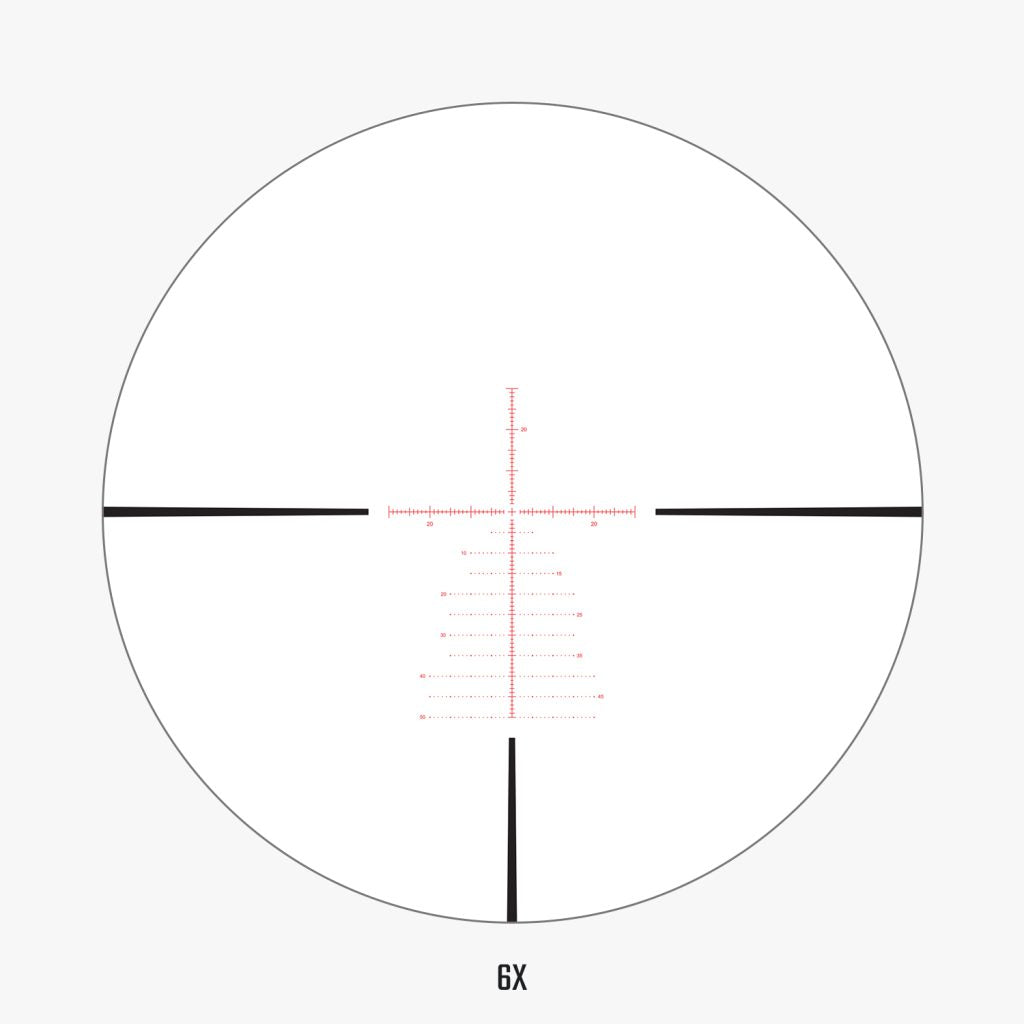 APLR6 FFP IR MOA reticle view at 6x magnification showing Christmas-tree holdover pattern and floating center cross