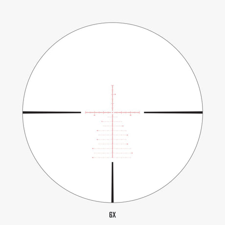 APLR6 FFP IR MOA reticle view at 6x magnification showing Christmas-tree holdover pattern and floating center cross