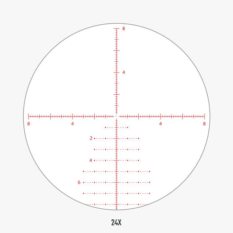 APRS6 FFP IR MIL reticle view at 24x magnification showing detailed MIL hash marks and wind hold dots