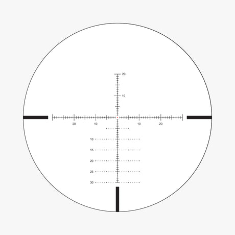 APLR7 SFP IR MOA reticle view showing illuminated 0.3 MOA floating center dot with 1 MOA hash marks and drop lines to 30 MOA