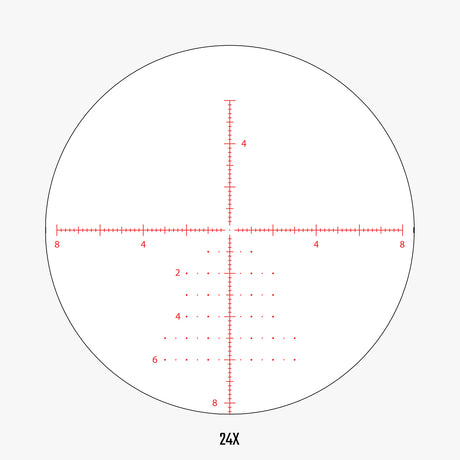 APRS9 FFP IR MIL reticle view at 24x magnification showing detailed subtension marks and floating center dot at full zoom