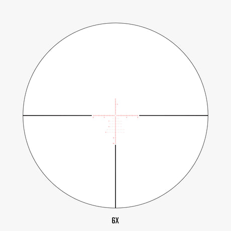 APRS9 FFP IR MIL reticle view at 6x magnification showing illuminated center dot and MIL hash marks at low power