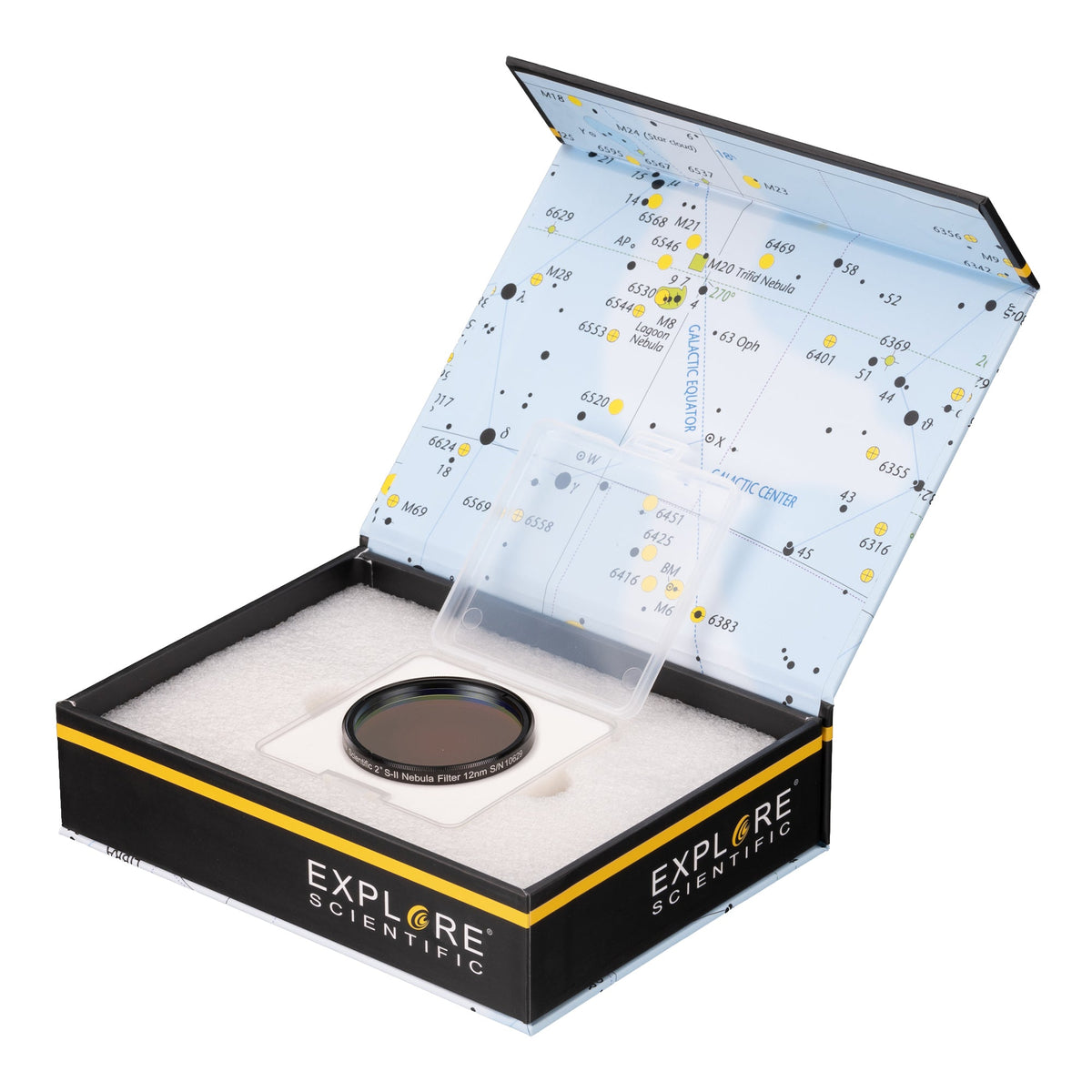 Explore Scientific S-II 2-inch 12nm filter in its open presentation box with a star-chart lid