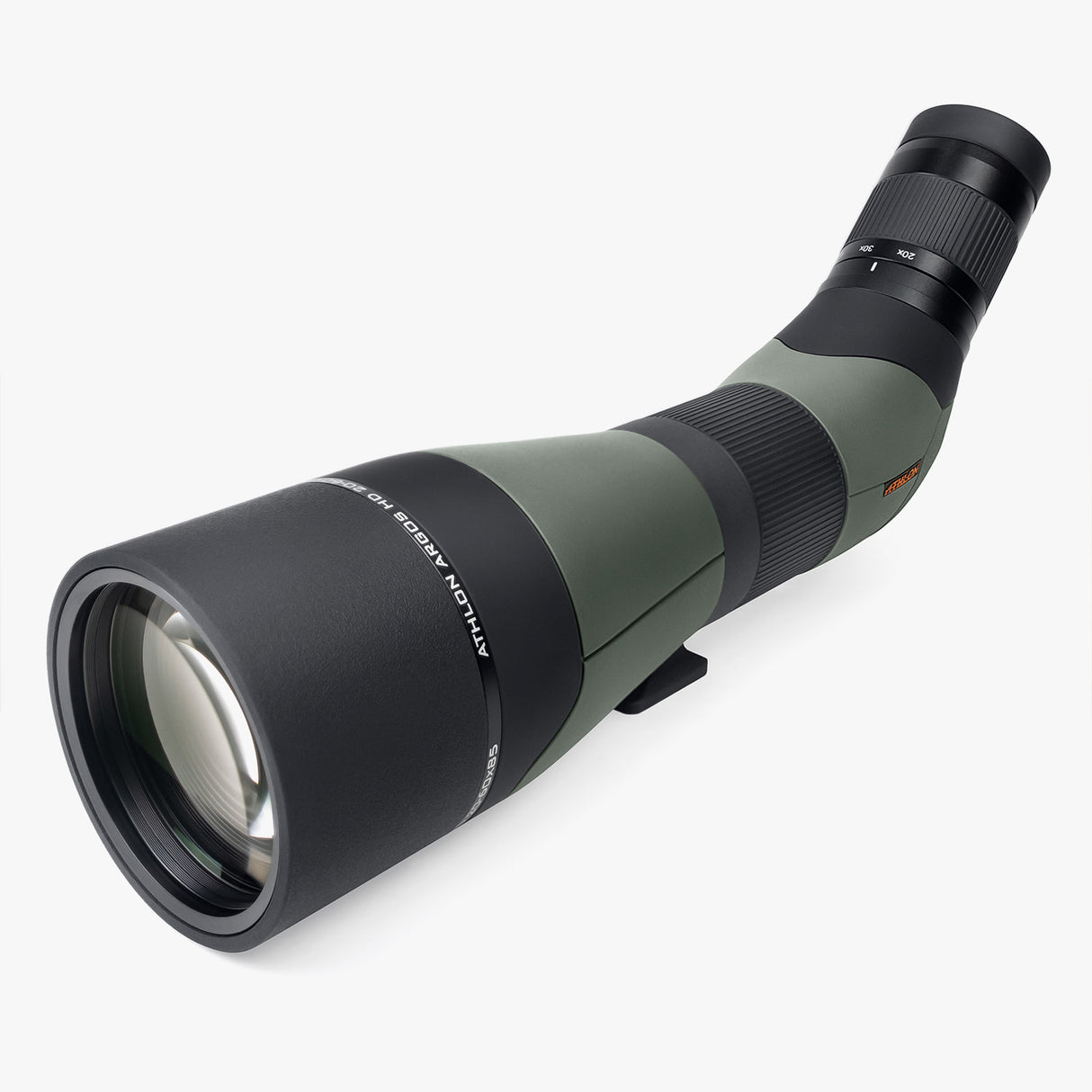 Athlon Argos HD 20-60x85 spotting scope with 45-degree angled eyepiece showing rubber armor and focus ring