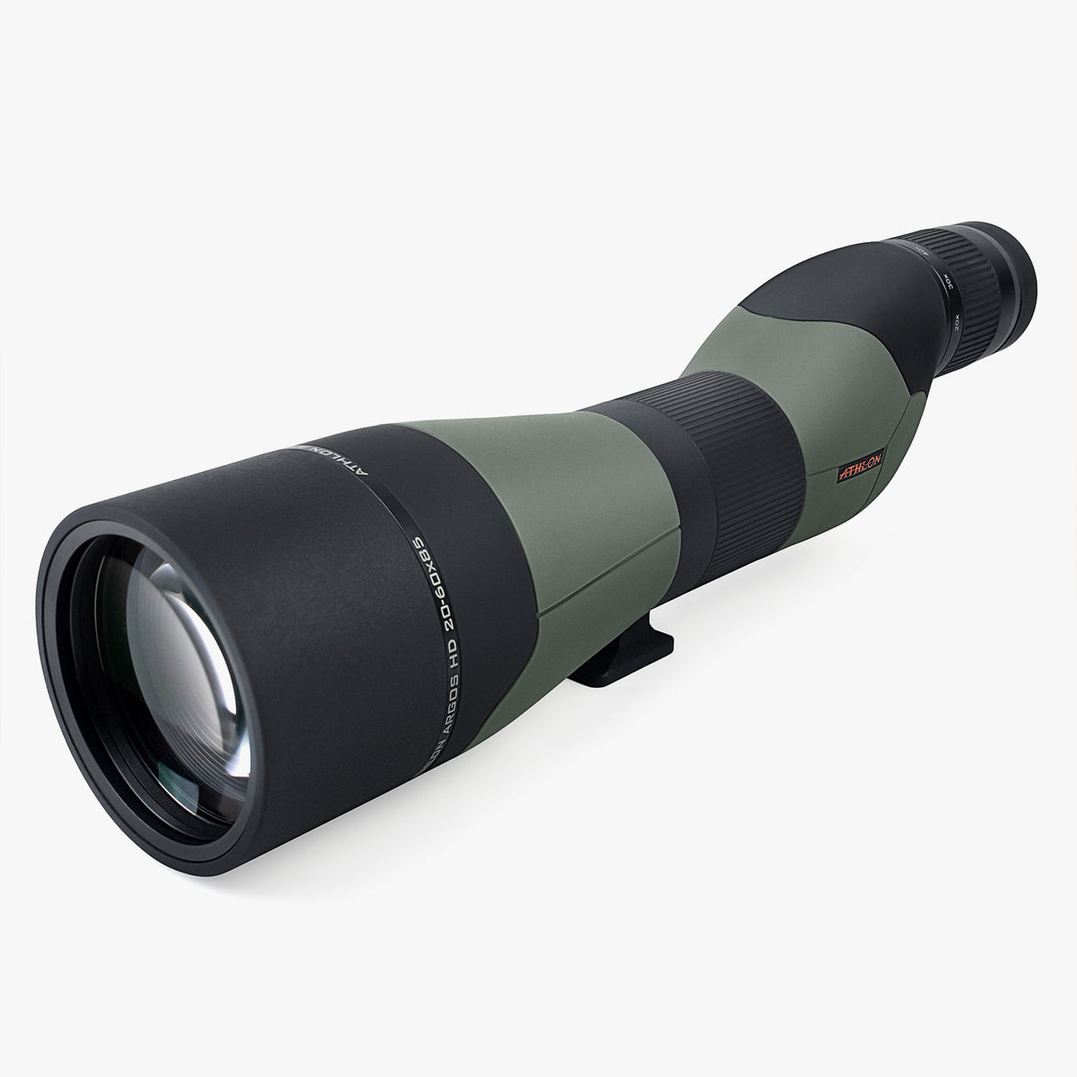 Athlon Argos HD 20-60x85 spotting scope with straight-through eyepiece showing rubber armor and focus ring