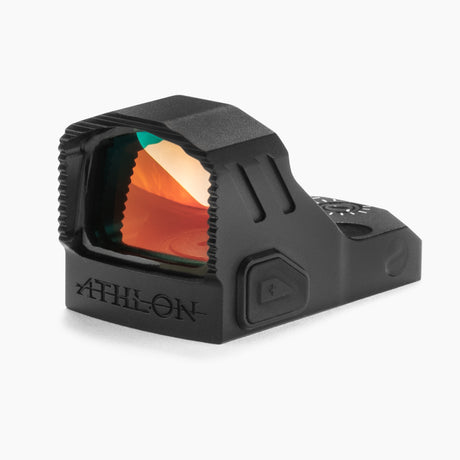 Athlon Midas EDC Pro red dot sight isometric view showing compact chassis, top-loading battery cap, and RMSc mount