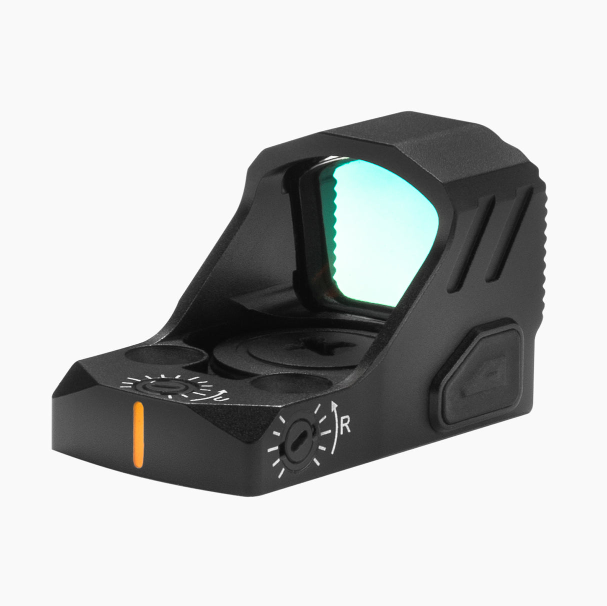 Athlon Midas EDC Pro red dot sight rear isometric view showing lens window and side-mounted brightness controls