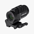 Athlon Midas M3 3x magnifier with flip-to-side mount, isometric view showing compact aluminum chassis and quick-release lever