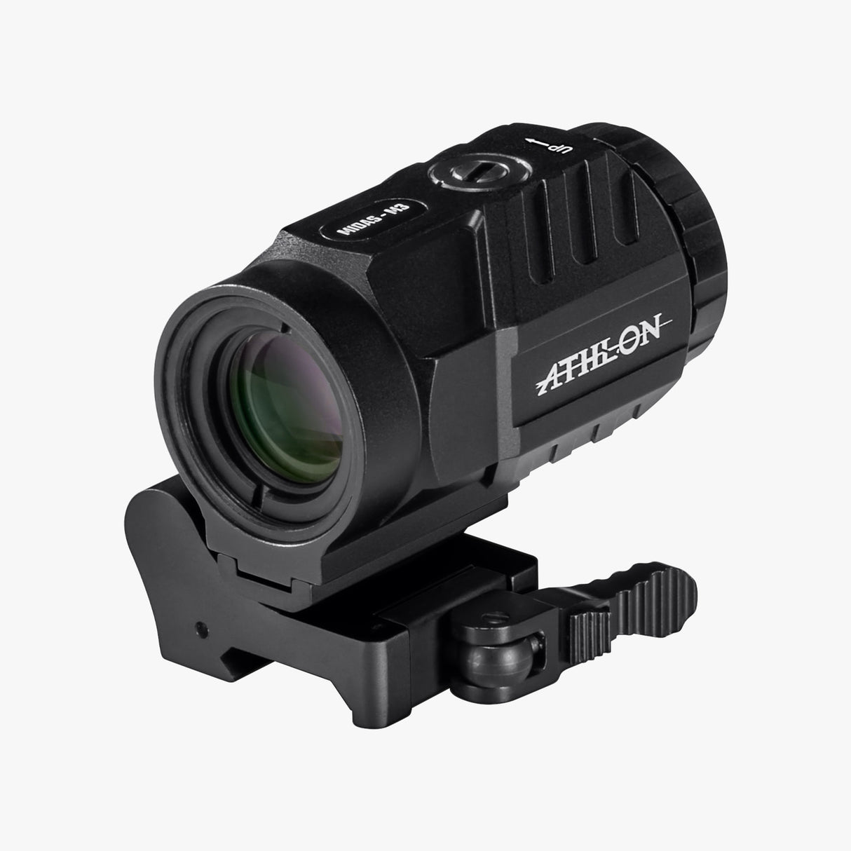 Athlon Midas M3 3x magnifier with flip-to-side mount, isometric view showing compact aluminum chassis and quick-release lever