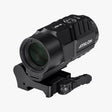 Athlon Midas M5 5x magnifier with flip-to-side mount, isometric view showing aluminum chassis and quick-release lever