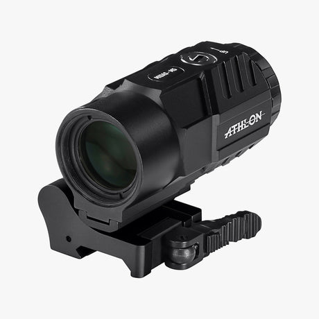 Athlon Midas M5 5x magnifier with flip-to-side mount, isometric view showing aluminum chassis and quick-release lever