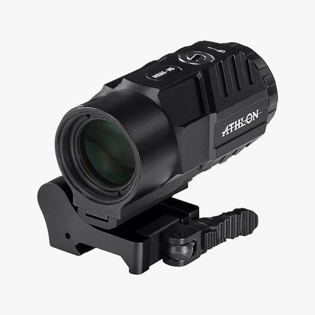 Athlon Midas M5 5x magnifier with flip-to-side mount, isometric view showing aluminum chassis and quick-release lever