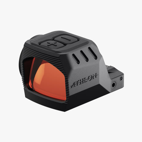 Athlon Midas Burst TSR1 red dot sight angle view showing enclosed emitter window, top-mounted controls, and compact chassis