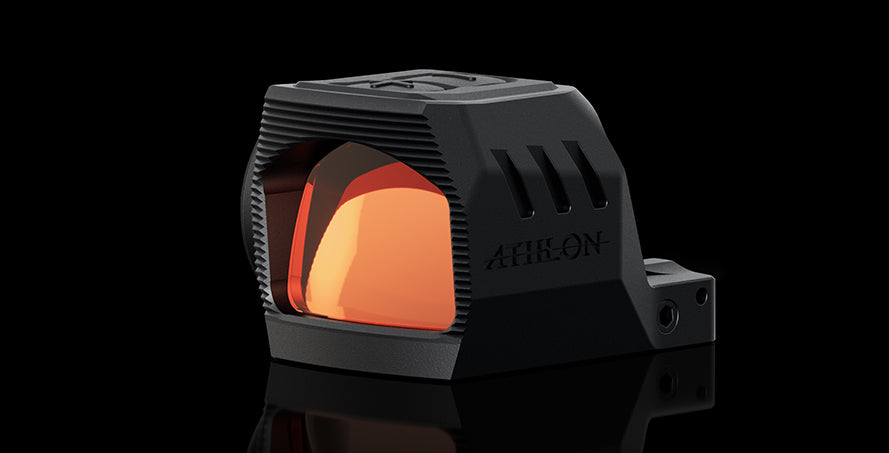 Athlon Midas Burst TSR1 red dot sight showing lens reflections from fully multi-coated optics