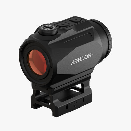 Athlon Midas Flare 1x prism scope front angle view showing compact chassis, objective lens, and capped turrets