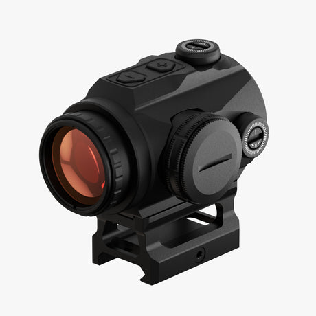 Athlon Midas Flare 1x prism scope rear angle view showing fast focus eyepiece and illumination controls