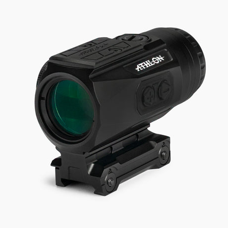 Athlon Midas Flare 3x prism scope isometric view showing compact aluminum chassis and capped turrets