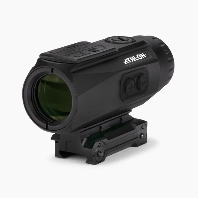 Athlon Midas Flare 5x prism scope isometric view showing compact aluminum chassis and capped turrets