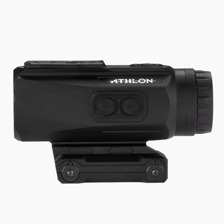 Athlon Midas Flare 5x prism scope left side profile showing illumination buttons and battery cap