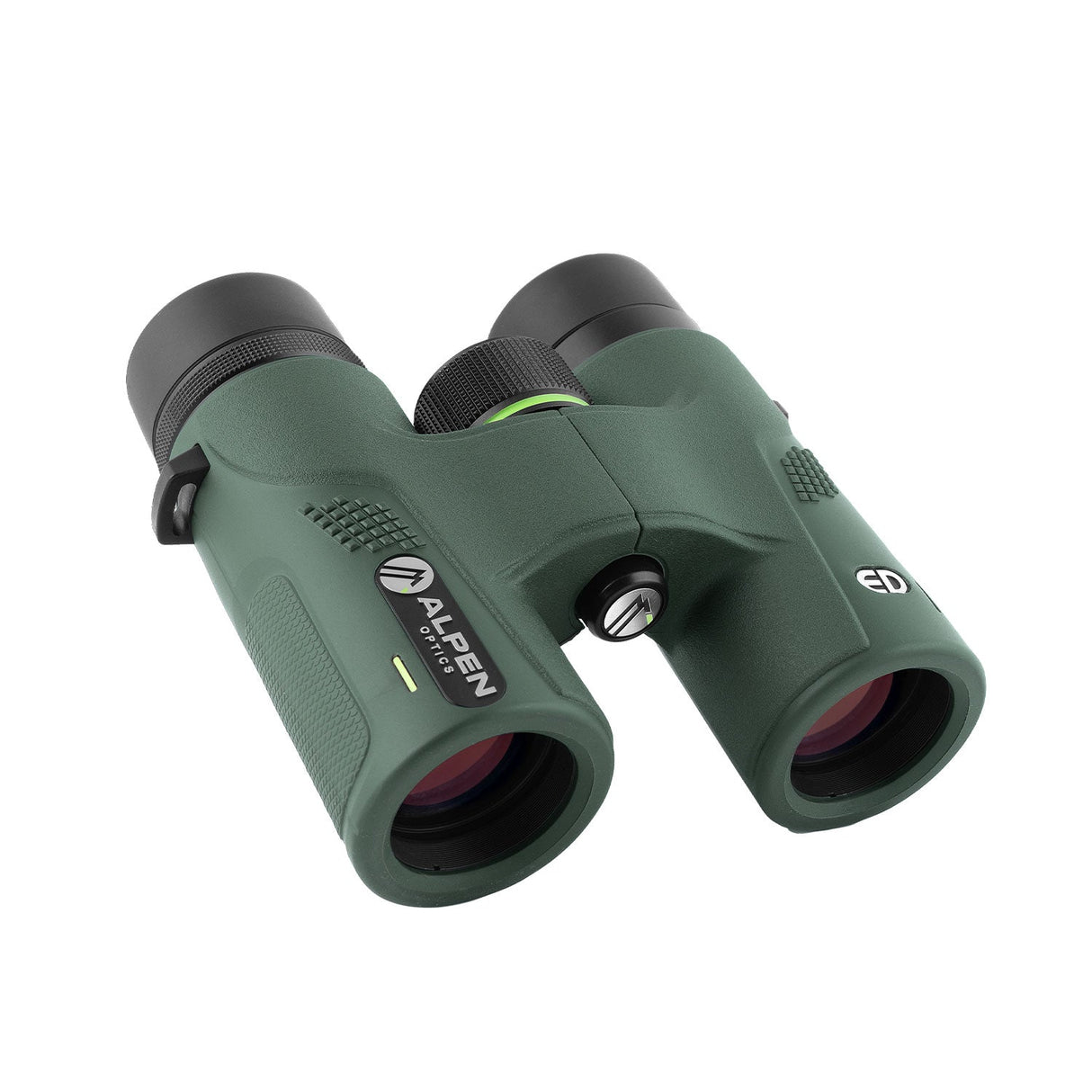 Alpen Chisos 6.5x32 ED binoculars, compact green roof-prism body, three-quarter front view showing ruby-coated ED objective lenses and the ED badge