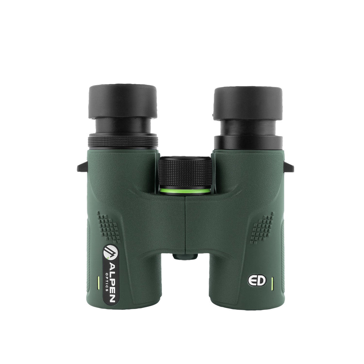 Alpen Chisos 6.5x32 ED binoculars front view with the ocular rainguard cap attached