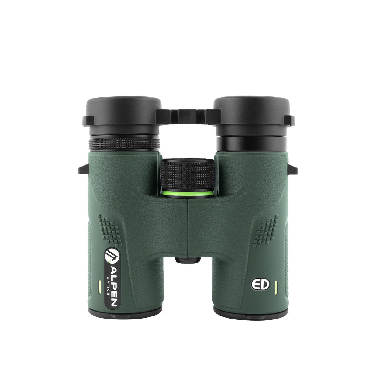 Alpen Chisos 6.5x32 ED binoculars front view with ocular and objective lens caps attached, ready to stow