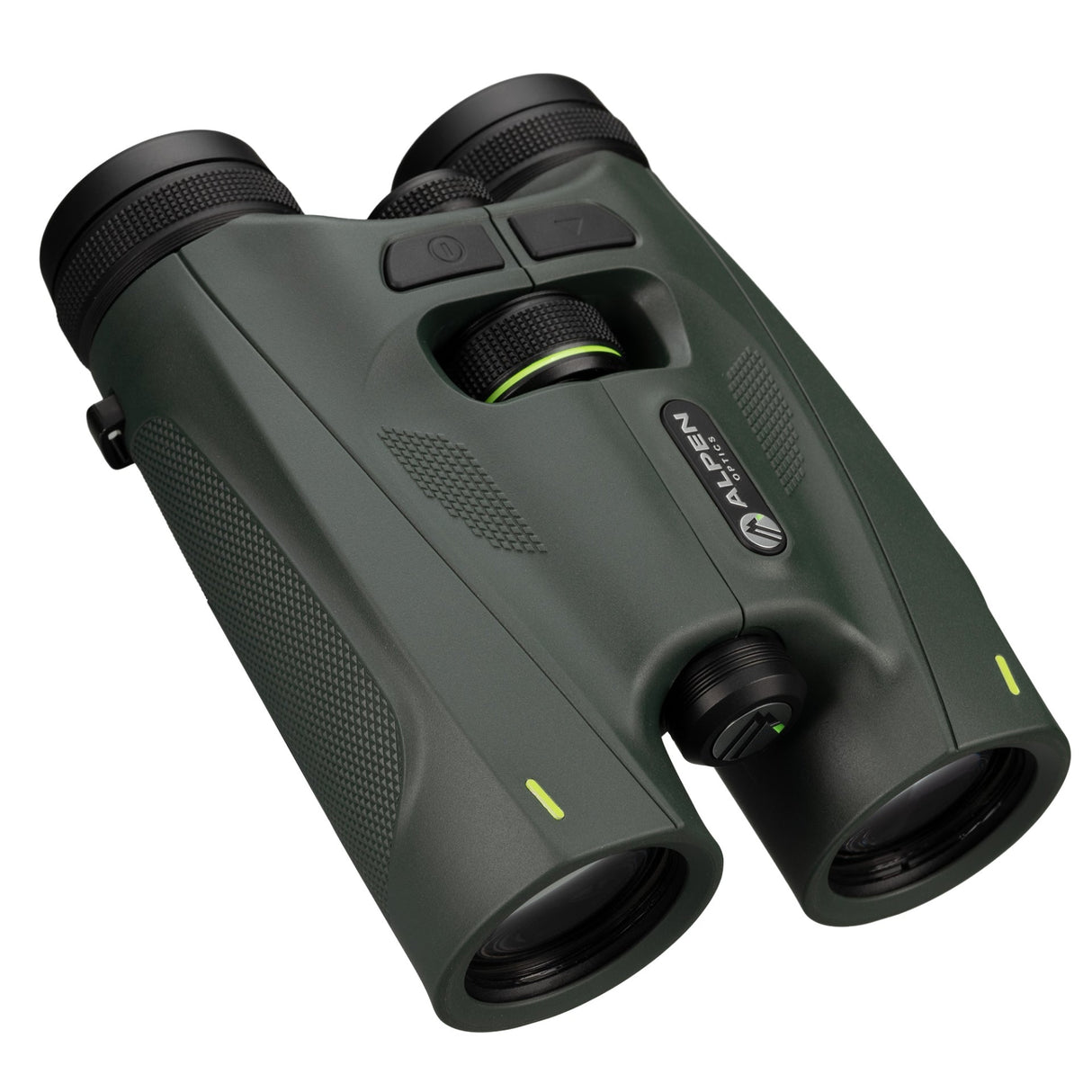 Alpen Chisos 10x42 ED LRF Binoculars viewed from above-right showing rangefinder power and mode buttons on top housing, center focus wheel with green accent ring, multi-coated 42mm objective lenses, and rubber-armored aluminum body with textured grip panels