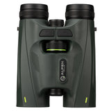 Top-down view of Alpen Chisos 10x42 ED LRF Binoculars showing rangefinder power and mode buttons, center focus wheel with green ring, Alpen Optics badge, and symmetrical textured grip panels on both barrels