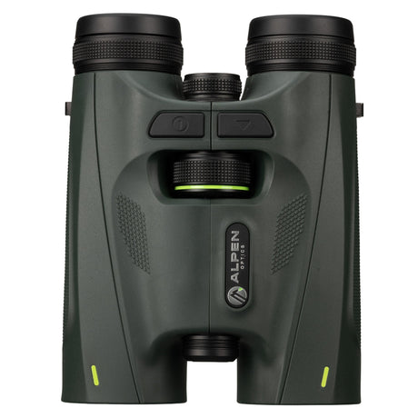 Top-down view of Alpen Chisos 10x42 ED LRF Binoculars showing rangefinder power and mode buttons, center focus wheel with green ring, Alpen Optics badge, and symmetrical textured grip panels on both barrels