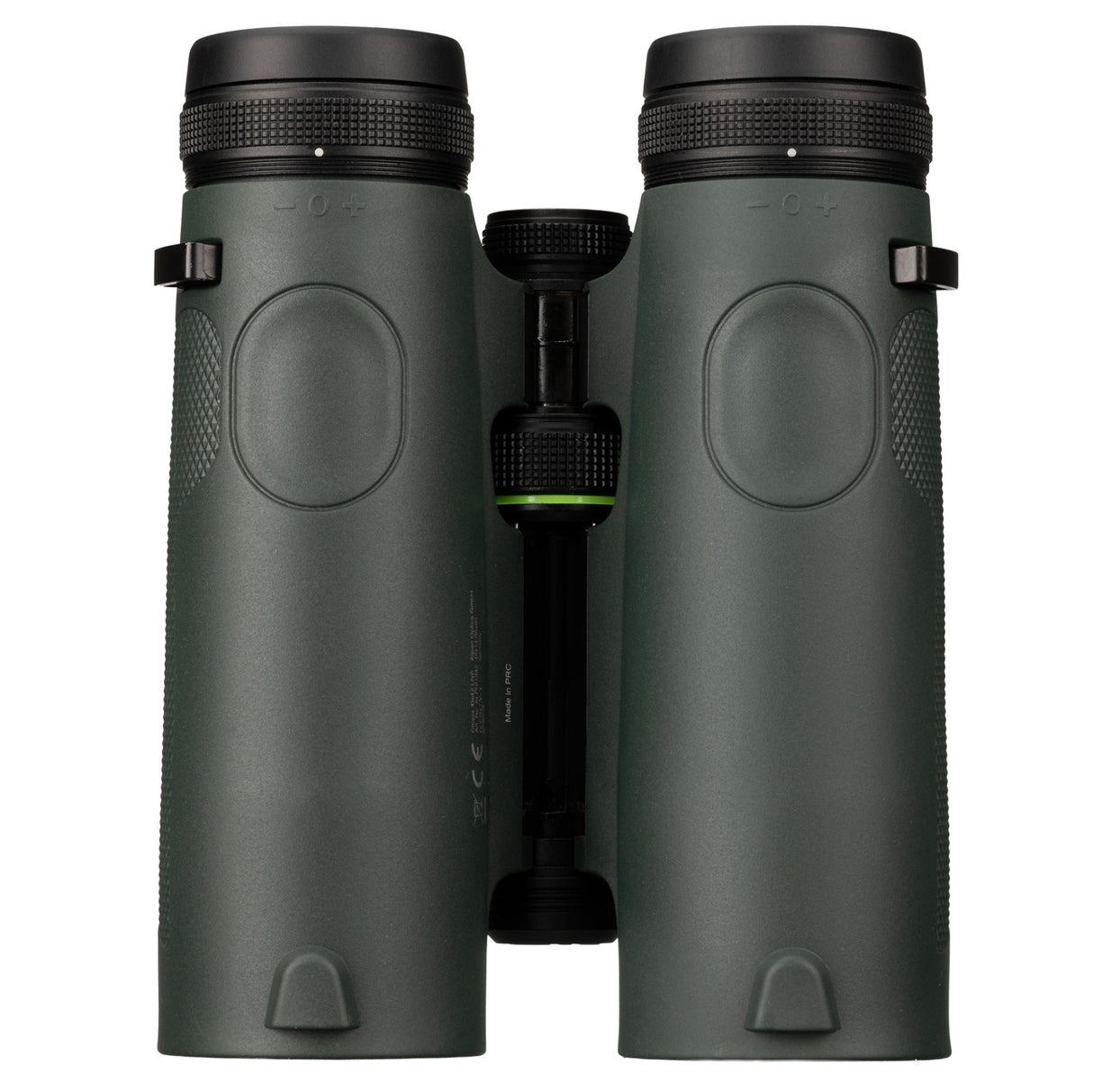 Rear view of Alpen Chisos 10x42 ED LRF Binoculars showing both eyepieces with diopter adjustment markings, center bridge with focus wheel and green accent ring, and strap lug attachment points on each barrel