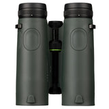 Rear view of Alpen Chisos 10x42 ED LRF Binoculars showing both eyepieces with diopter adjustment markings, center bridge with focus wheel and green accent ring, and strap lug attachment points on each barrel