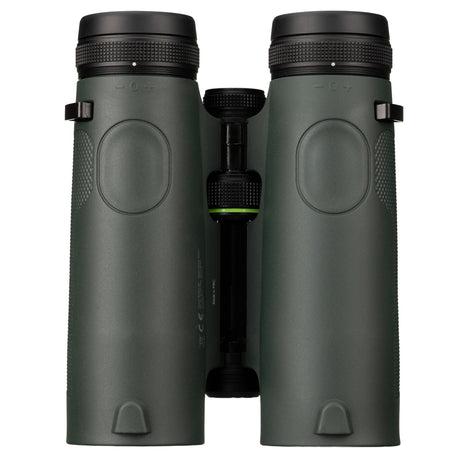 Rear view of Alpen Chisos 10x42 ED LRF Binoculars showing both eyepieces with diopter adjustment markings, center bridge with focus wheel and green accent ring, and strap lug attachment points on each barrel