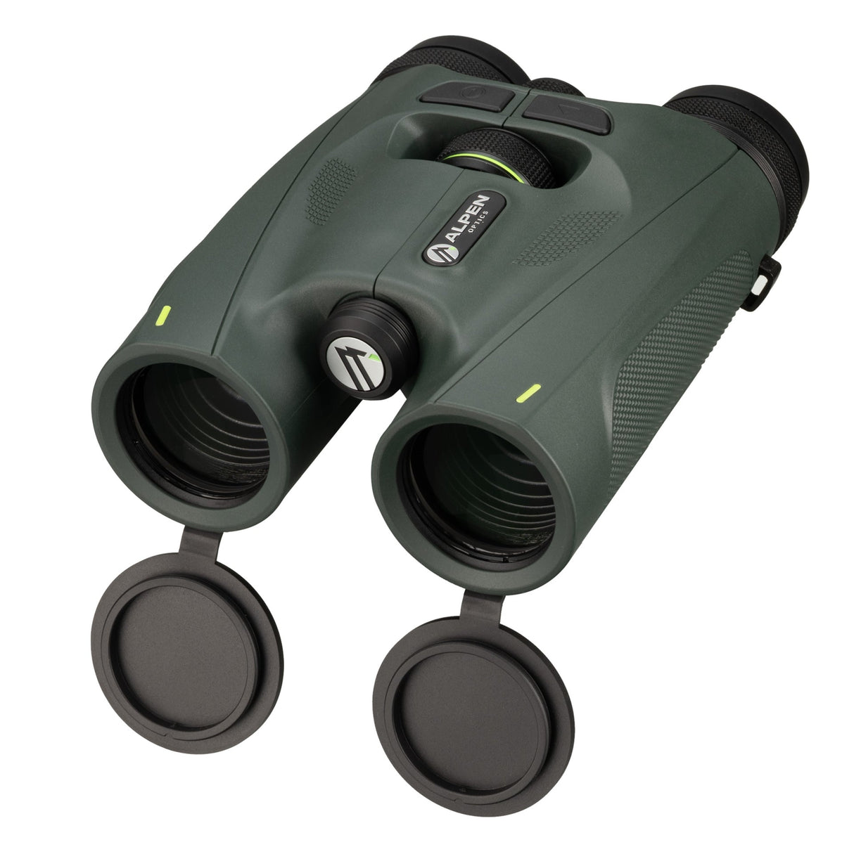 Alpen Chisos 10x42 ED LRF Binoculars from objective end with tethered lens caps open, revealing multi-coated ED glass lenses, Alpen Optics logo on center bridge, and full body profile with rangefinder housing