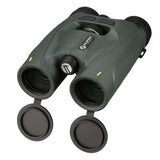 Alpen Chisos 10x42 ED LRF Binoculars from objective end with tethered lens caps open, revealing multi-coated ED glass lenses, Alpen Optics logo on center bridge, and full body profile with rangefinder housing