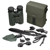 Complete Alpen Chisos 10x42 ED LRF Binoculars kit showing binoculars, 900D sailcloth carrying case, padded neck strap, cleaning cloth, tethered objective lens caps, and eyepiece rain guard